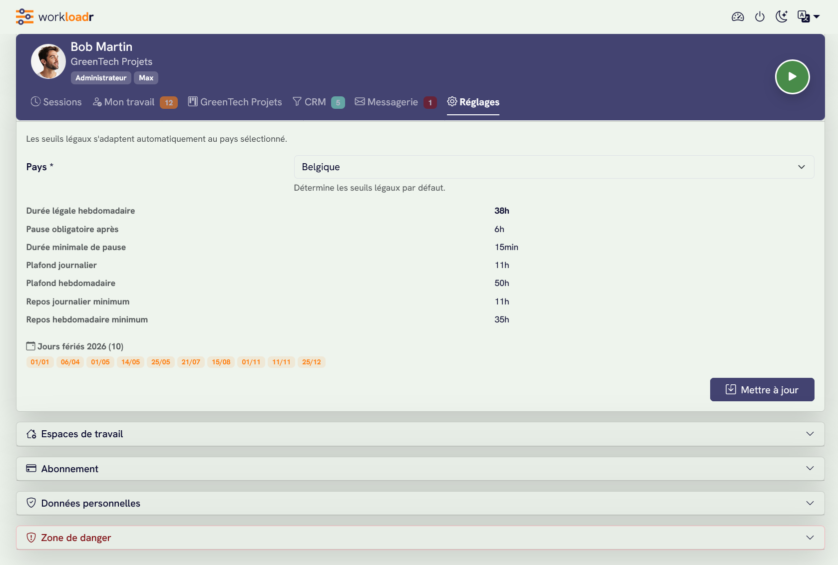 Aperçu du relevé d heures workloadr